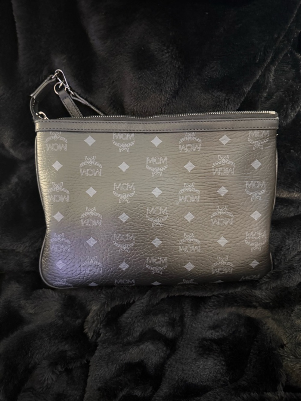MCM Black Logo Monogram Leather Wristlet Clutch